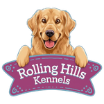 A logo for rolling hills kennels with a dog on it