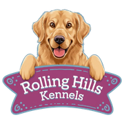 A logo for rolling hills kennels with a dog on it