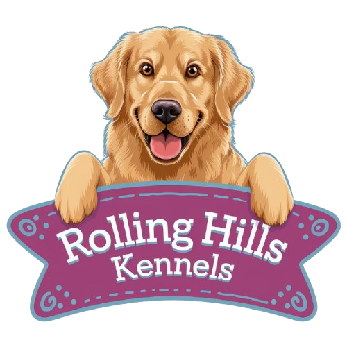 A logo for rolling hills kennels with a dog on it