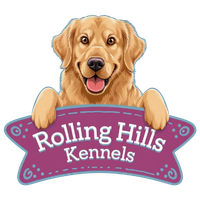 A logo for rolling hills kennels with a dog on it