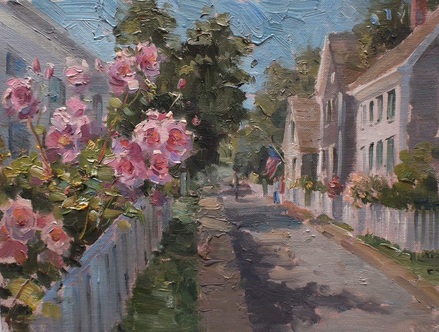 A painting of a street with a white picket fence and pink flowers.