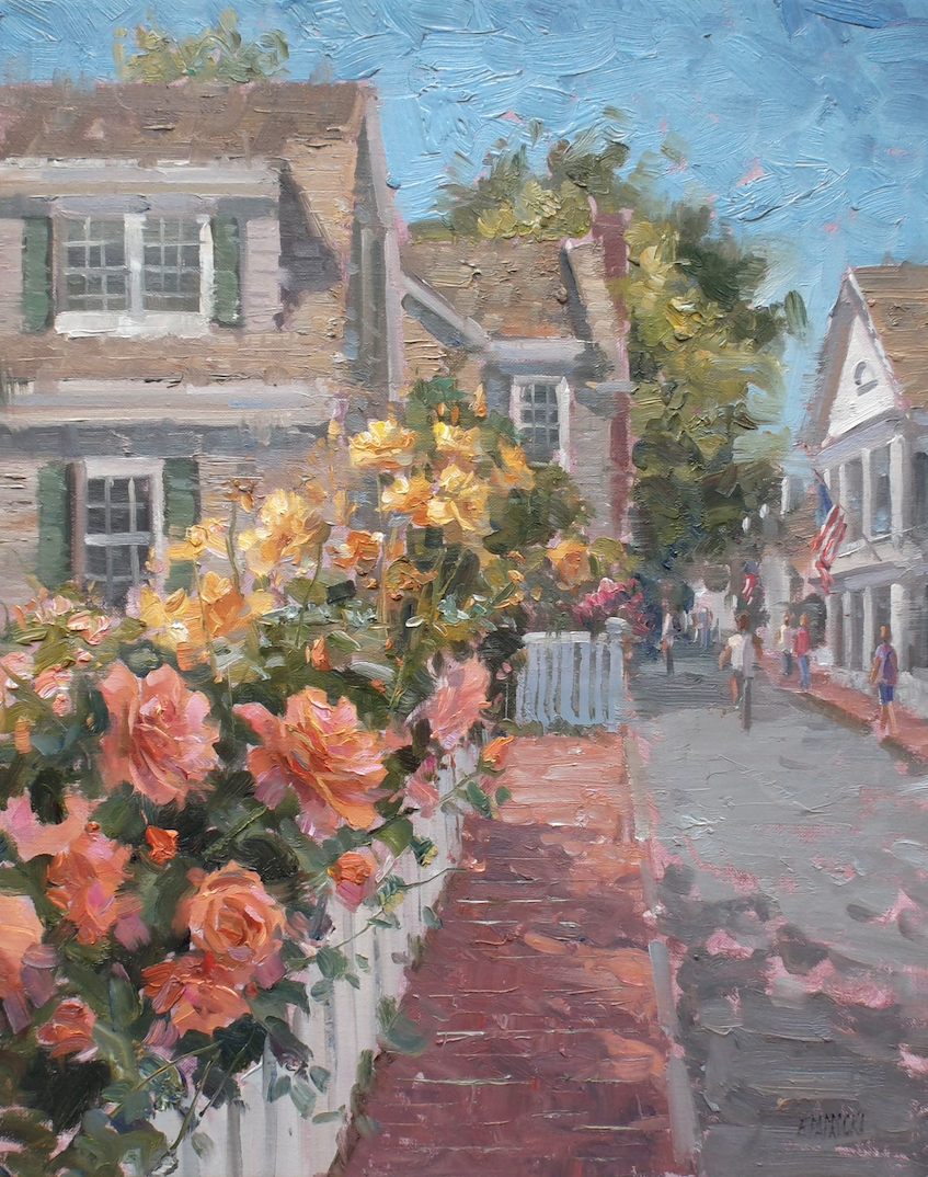 A painting of a row of houses with flowers in front of them.