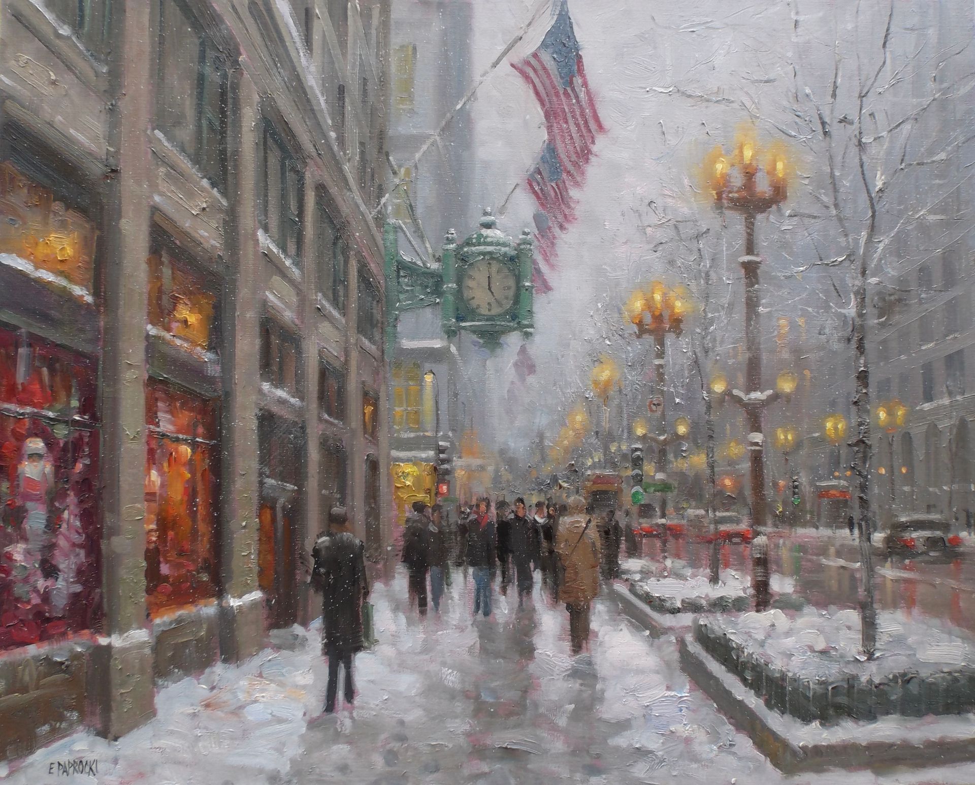 A painting of people walking down a snowy city street.