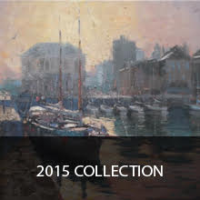 A painting of a harbor with boats and buildings in the water.