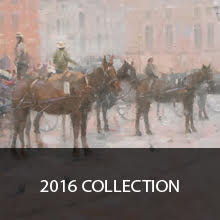 A group of horses pulling a carriage down a street in a painting.