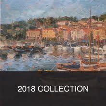 A painting of a harbor with boats and buildings in the background.