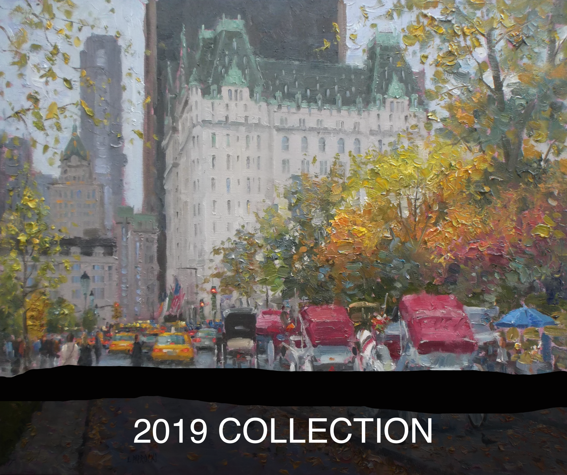 A painting of a city street with a large building in the background.