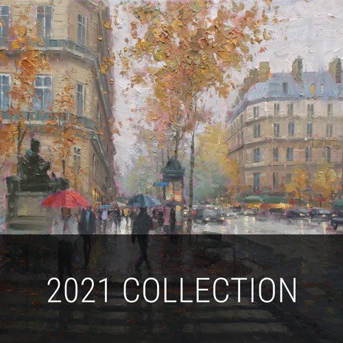 A painting of a city street with people walking in the rain with umbrellas.