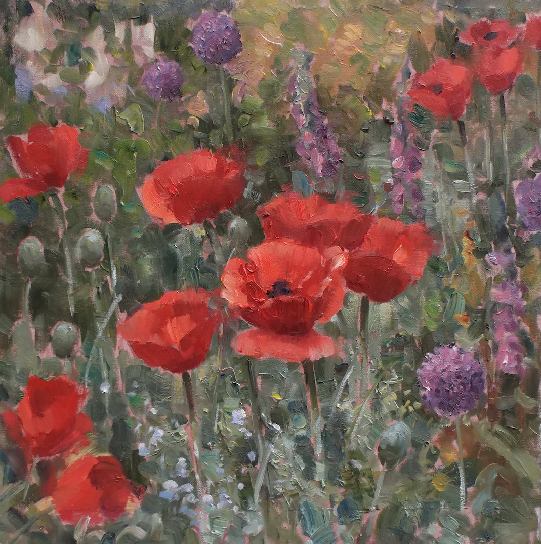 A painting of red and purple flowers in a field.