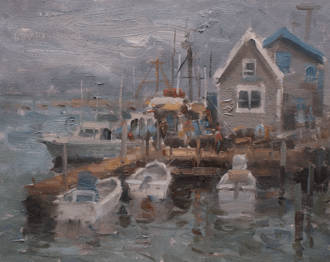 A painting of boats and a house in the water