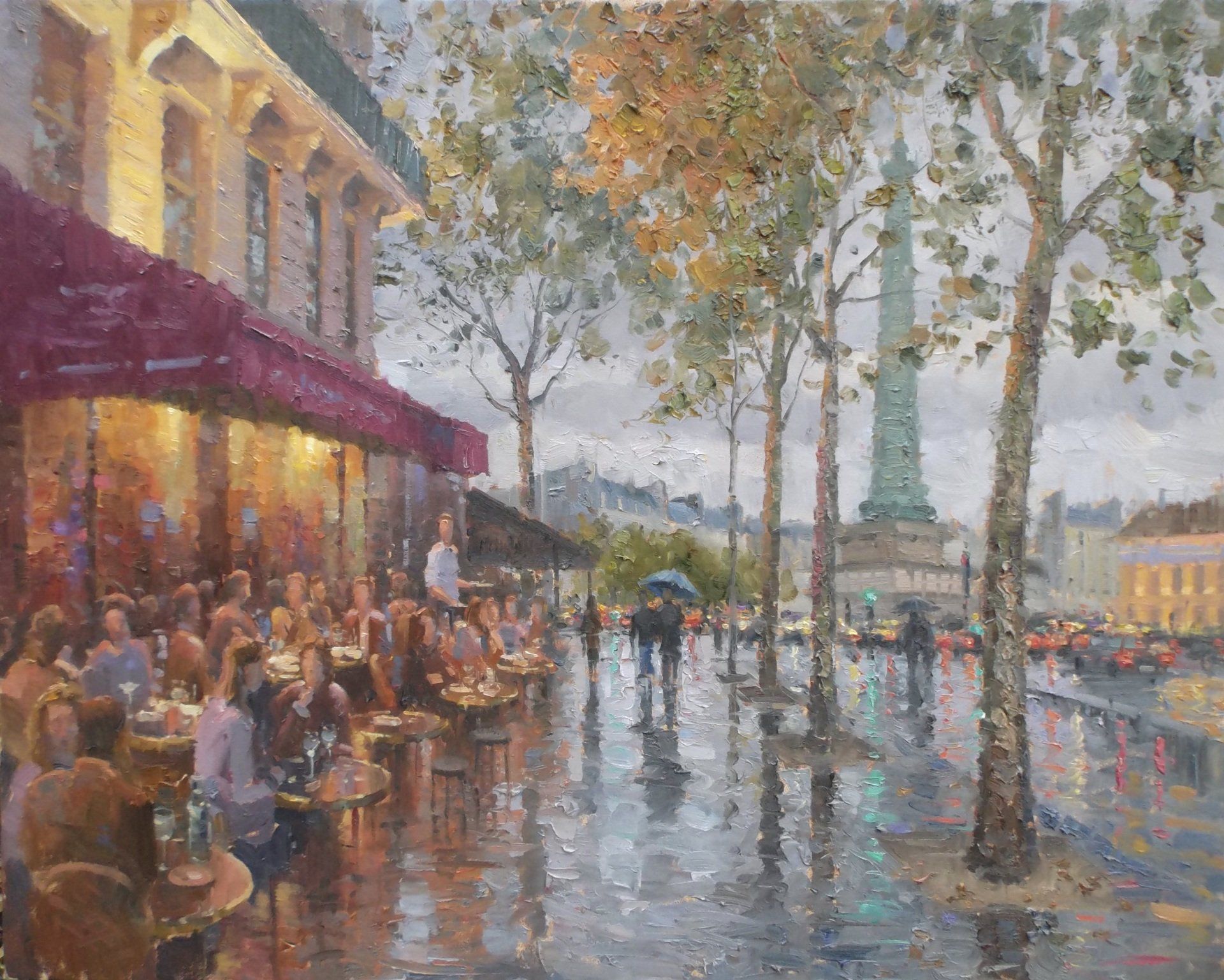 A painting of people sitting at tables outside of a restaurant in the rain.