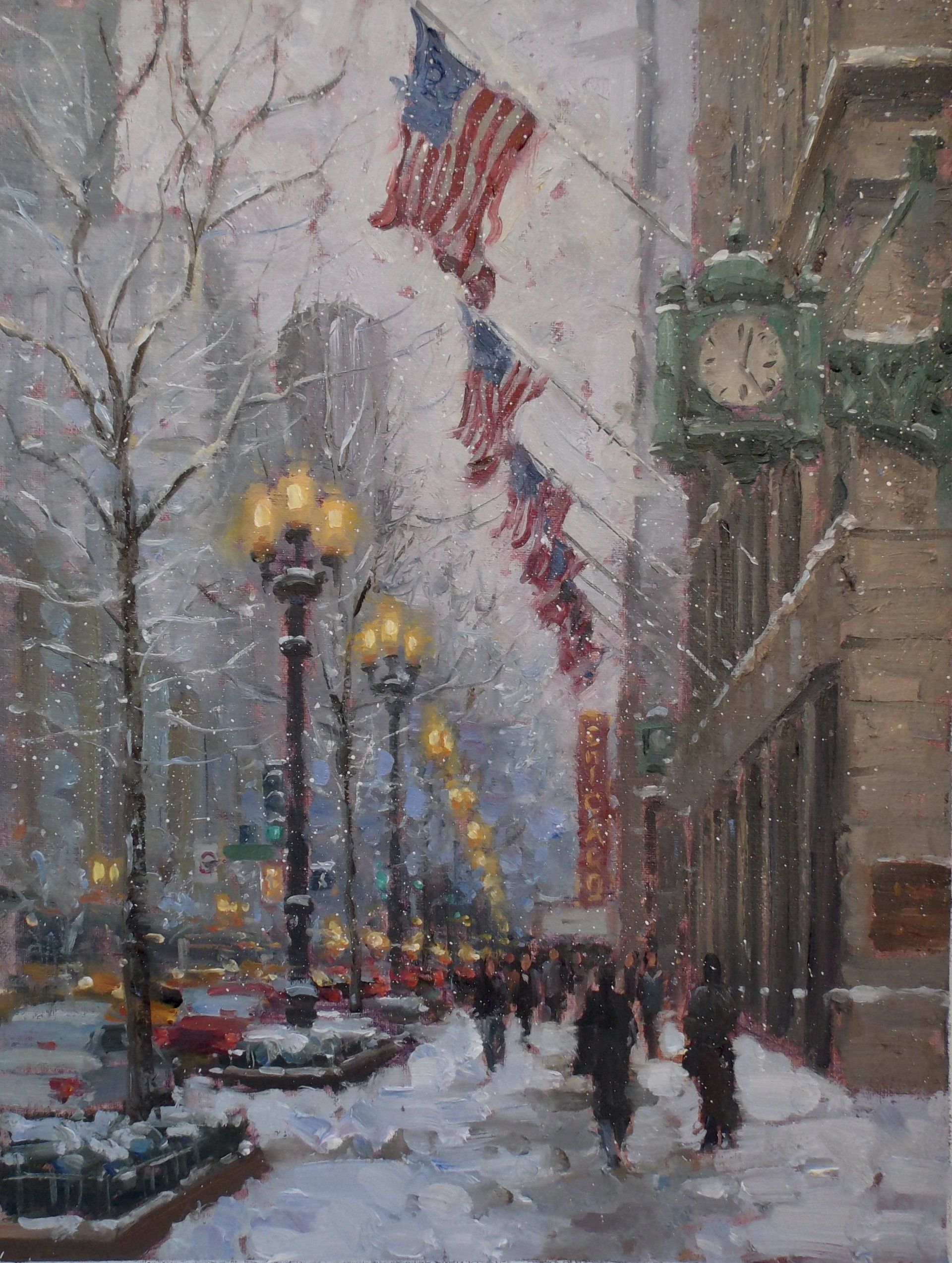 A painting of people walking down a snowy street