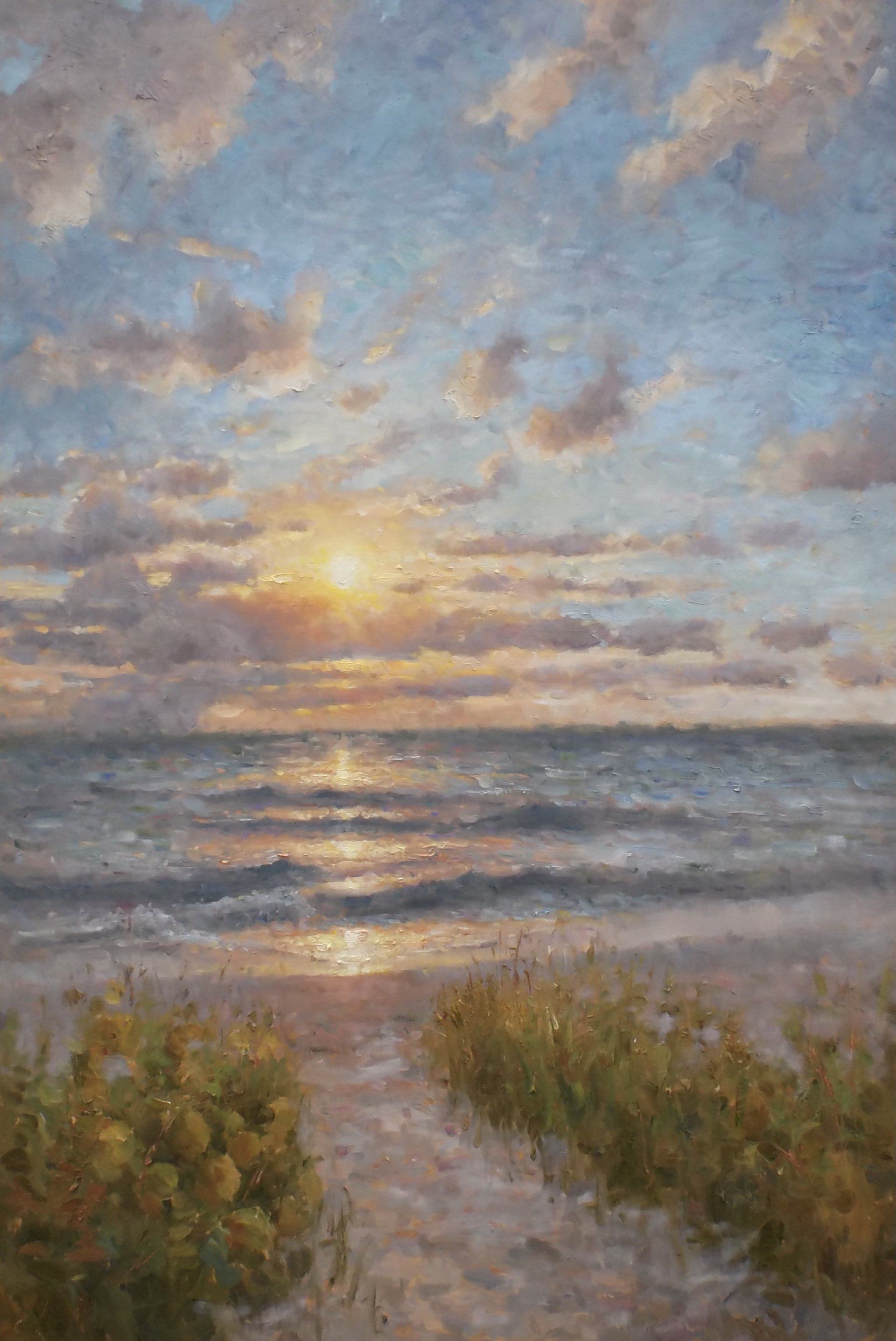 A painting of a path leading to the ocean at sunset.