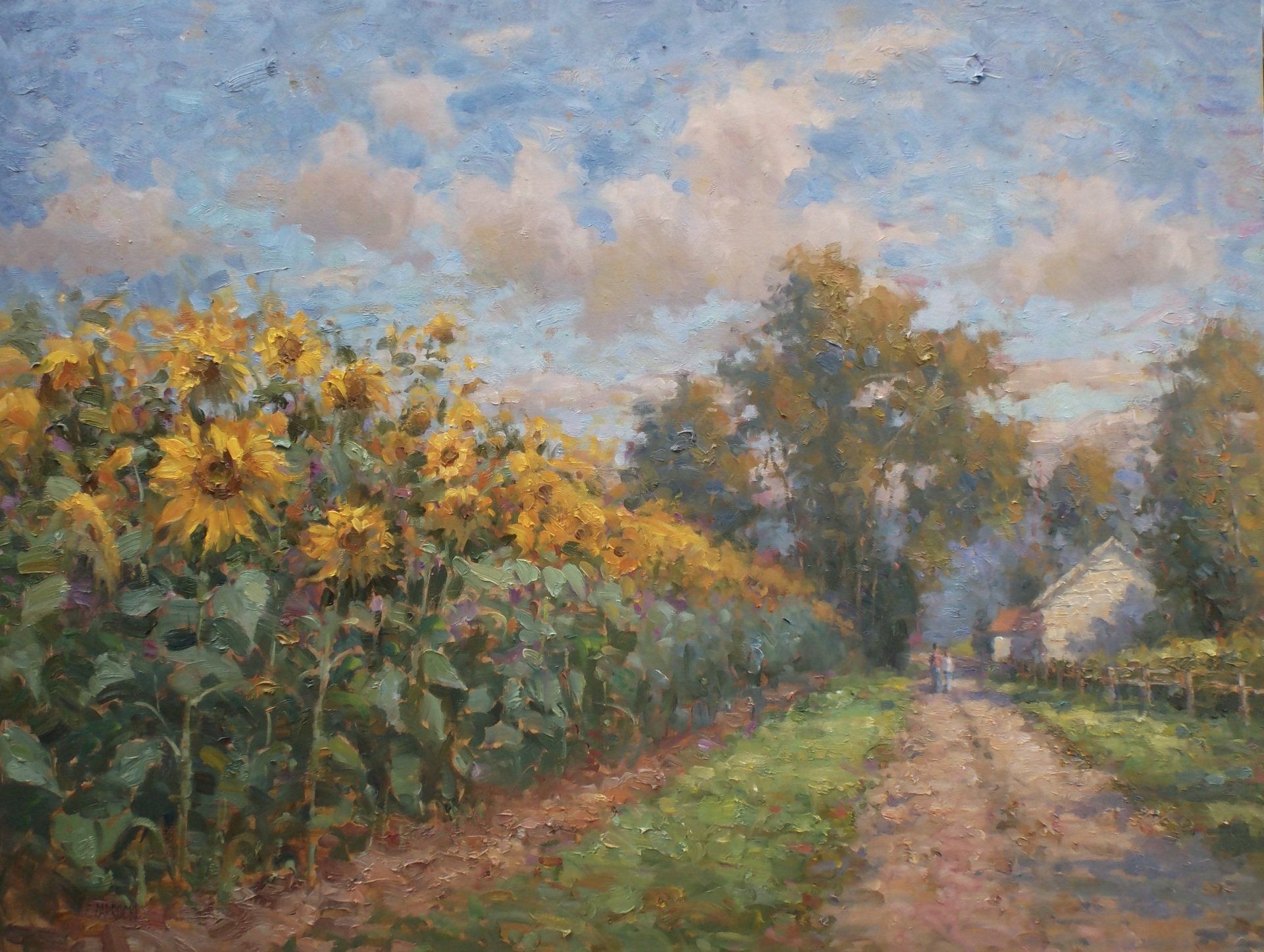 A painting of a dirt road going through a field of sunflowers.
