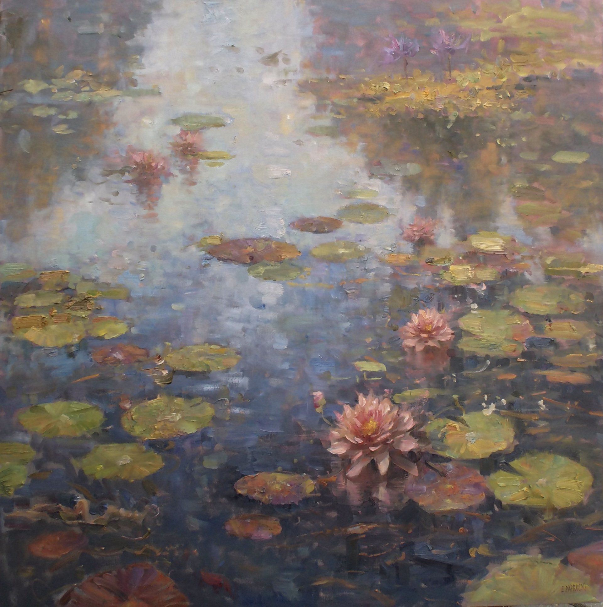 It is a painting of water lilies in a pond.