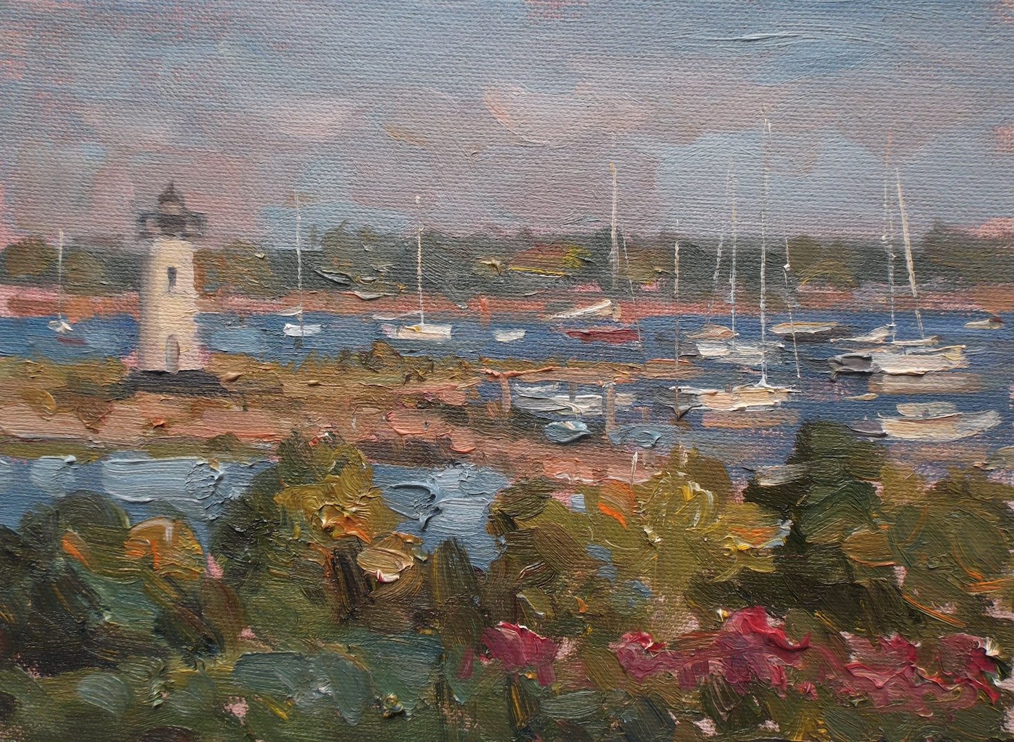 A painting of a lighthouse in the middle of a body of water surrounded by boats.