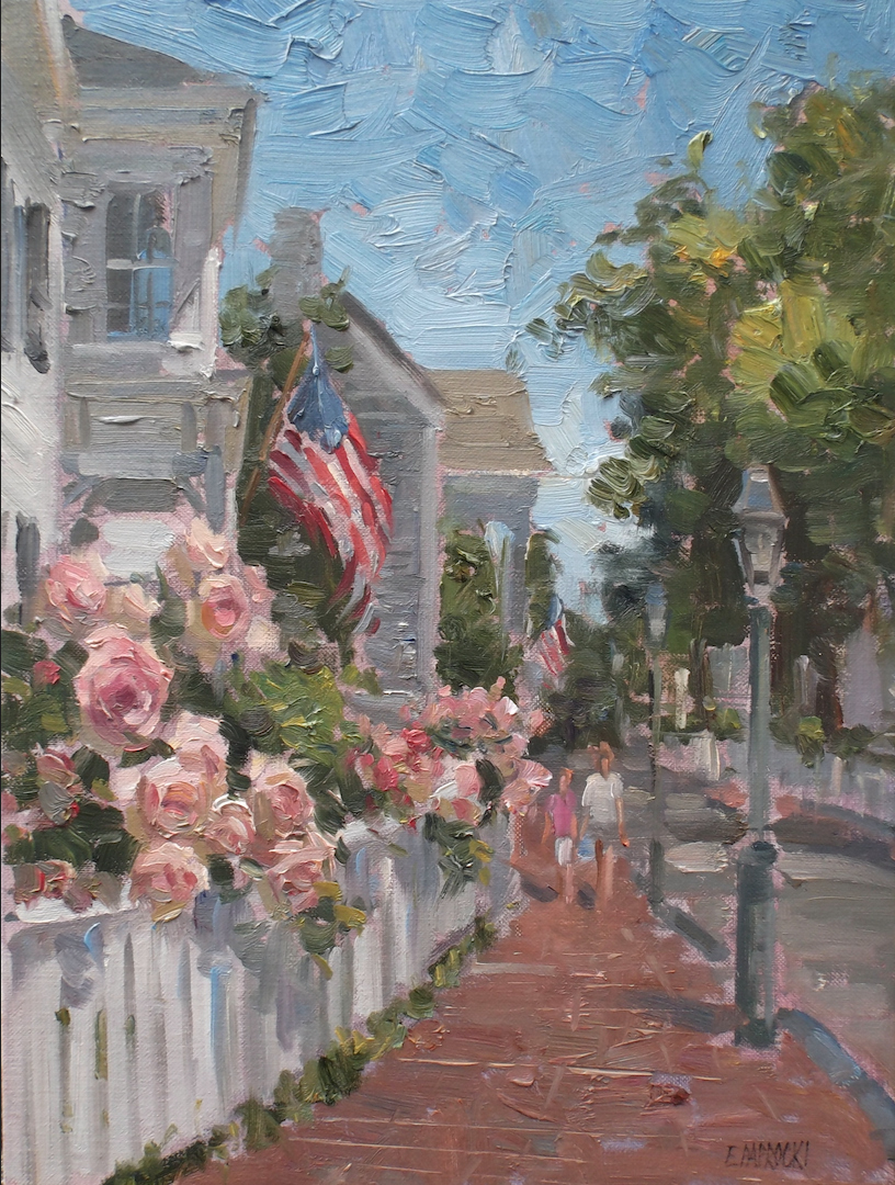 A painting of a couple walking down a sidewalk next to a white picket fence.