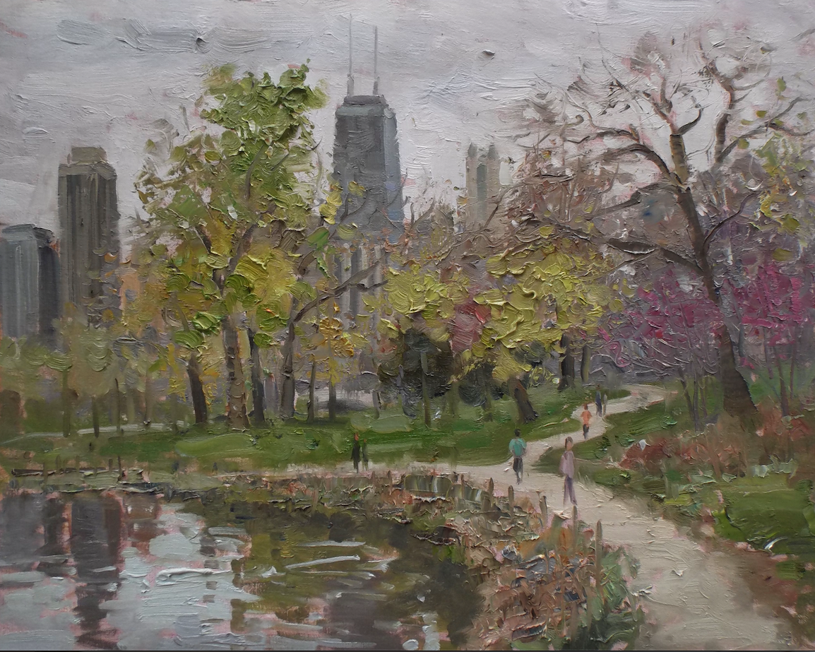 A painting of a park with a city skyline in the background.