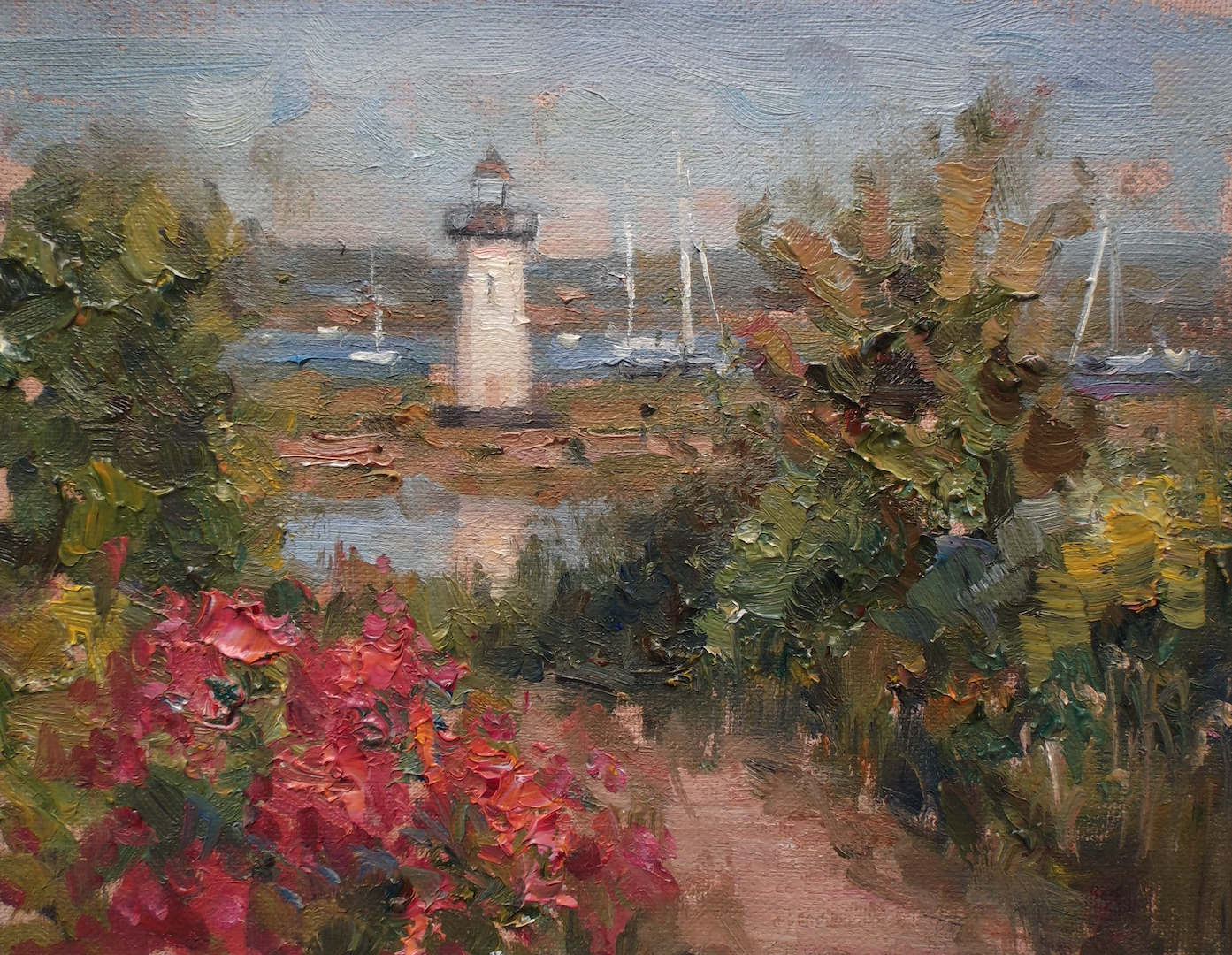 A painting of a lighthouse in the distance with flowers in the foreground.