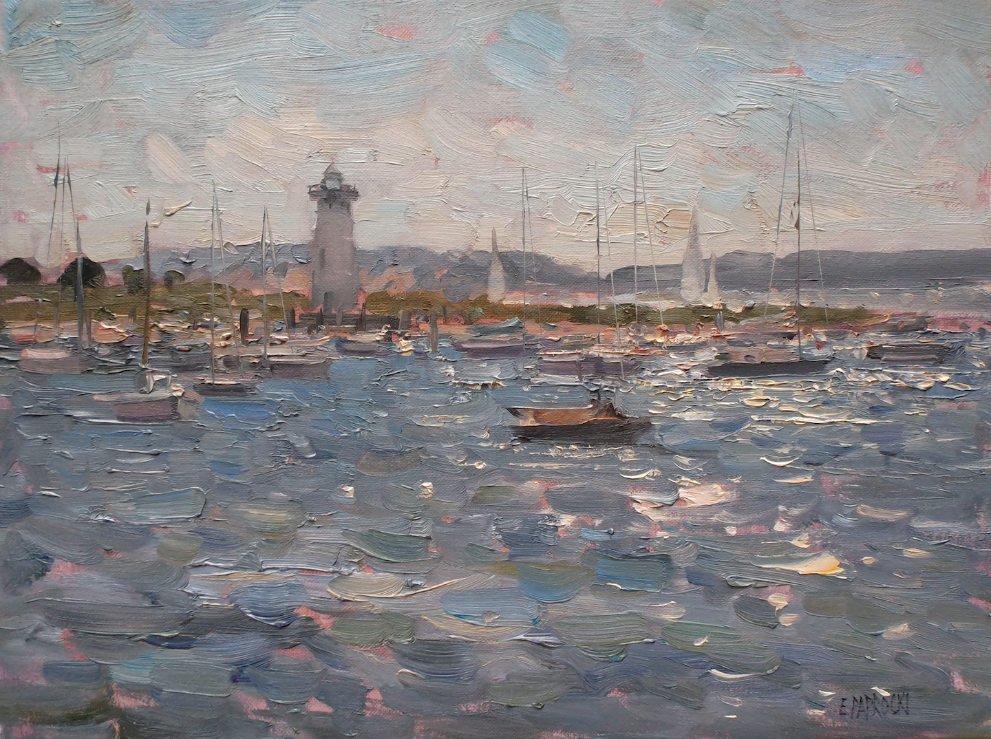 A painting of a harbor with boats and a lighthouse in the background.