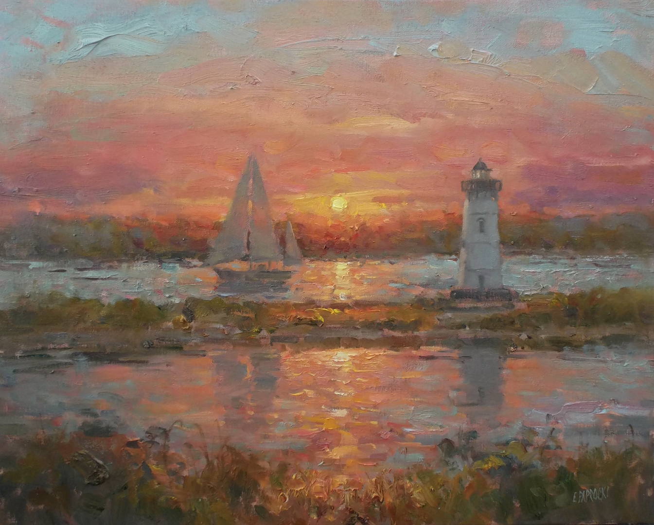A painting of a lighthouse and sailboats at sunset.