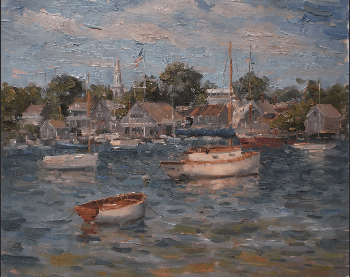 A painting of boats in a harbor with houses in the background