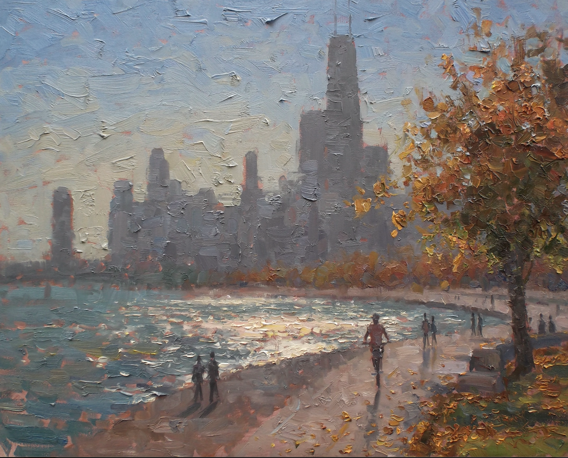 A painting of people walking on a beach with a city skyline in the background