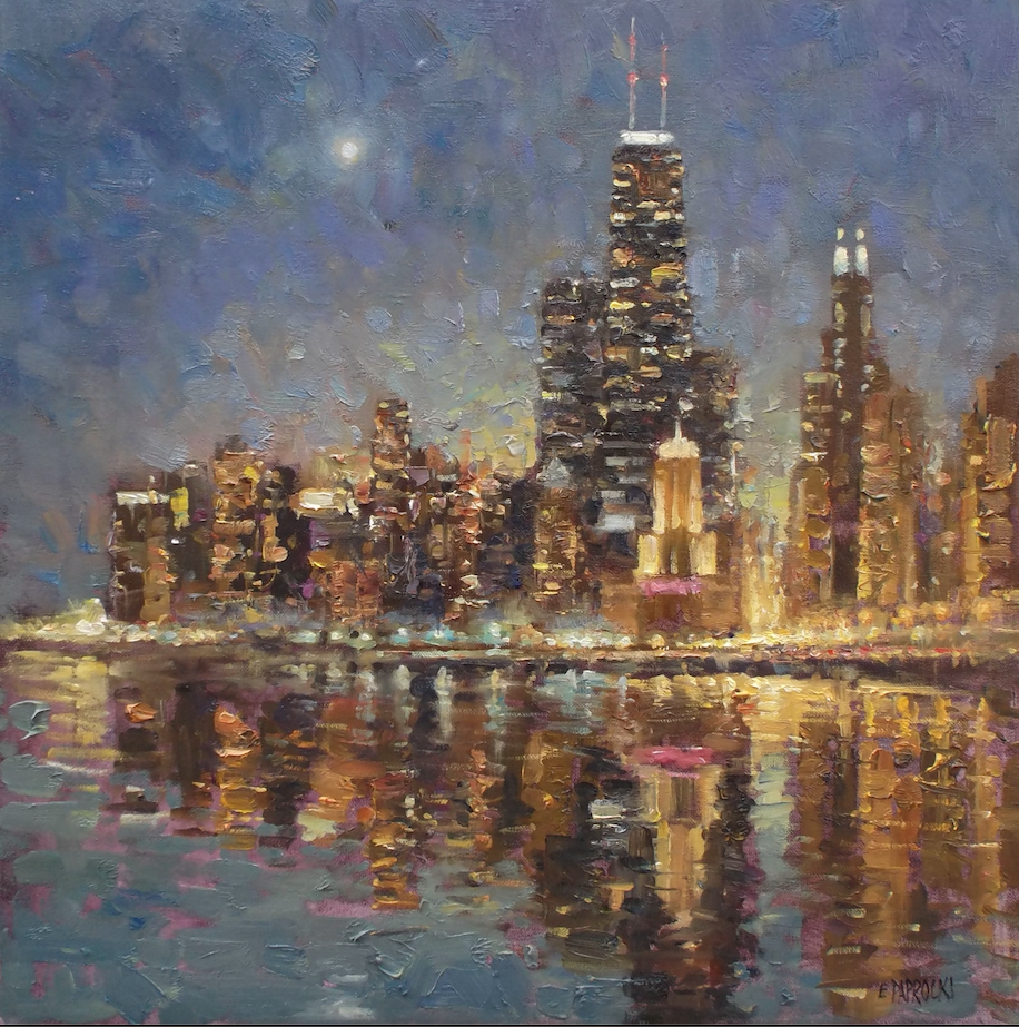 A painting of a city skyline at night with buildings reflected in the water.