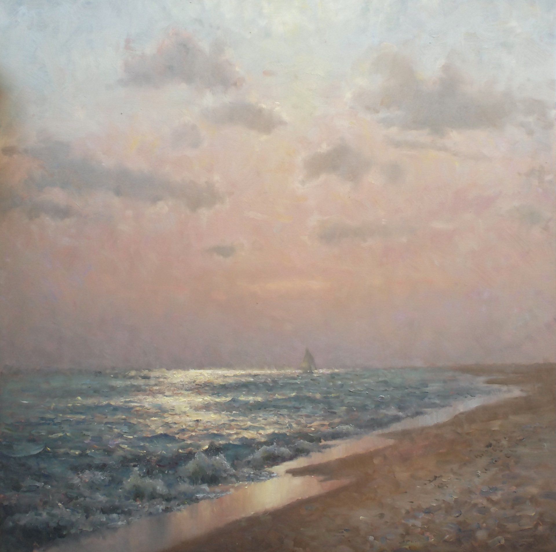 A painting of a beach at sunset with a sailboat in the distance.