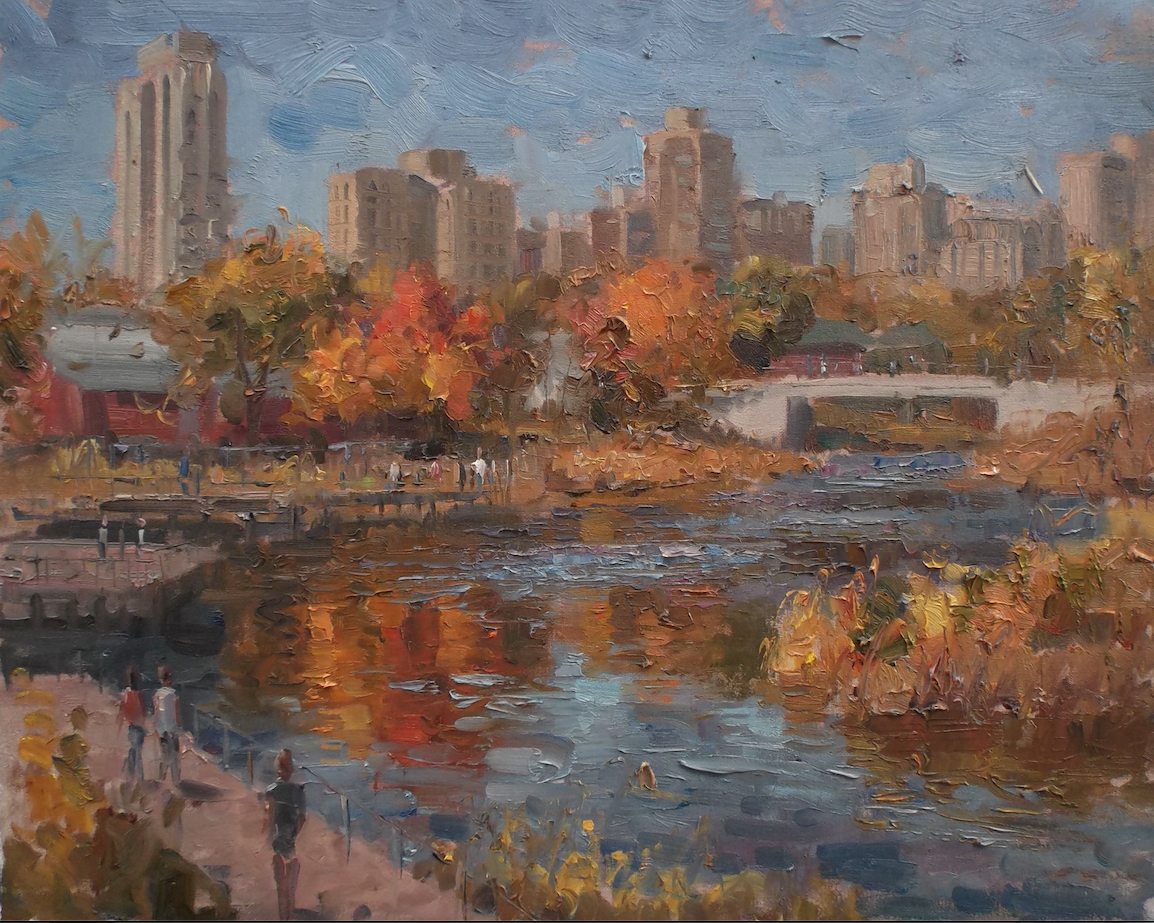 A painting of a lake with a city skyline in the background.