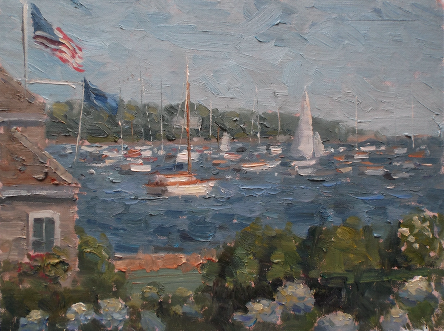 A painting of boats in a harbor with a house in the background.