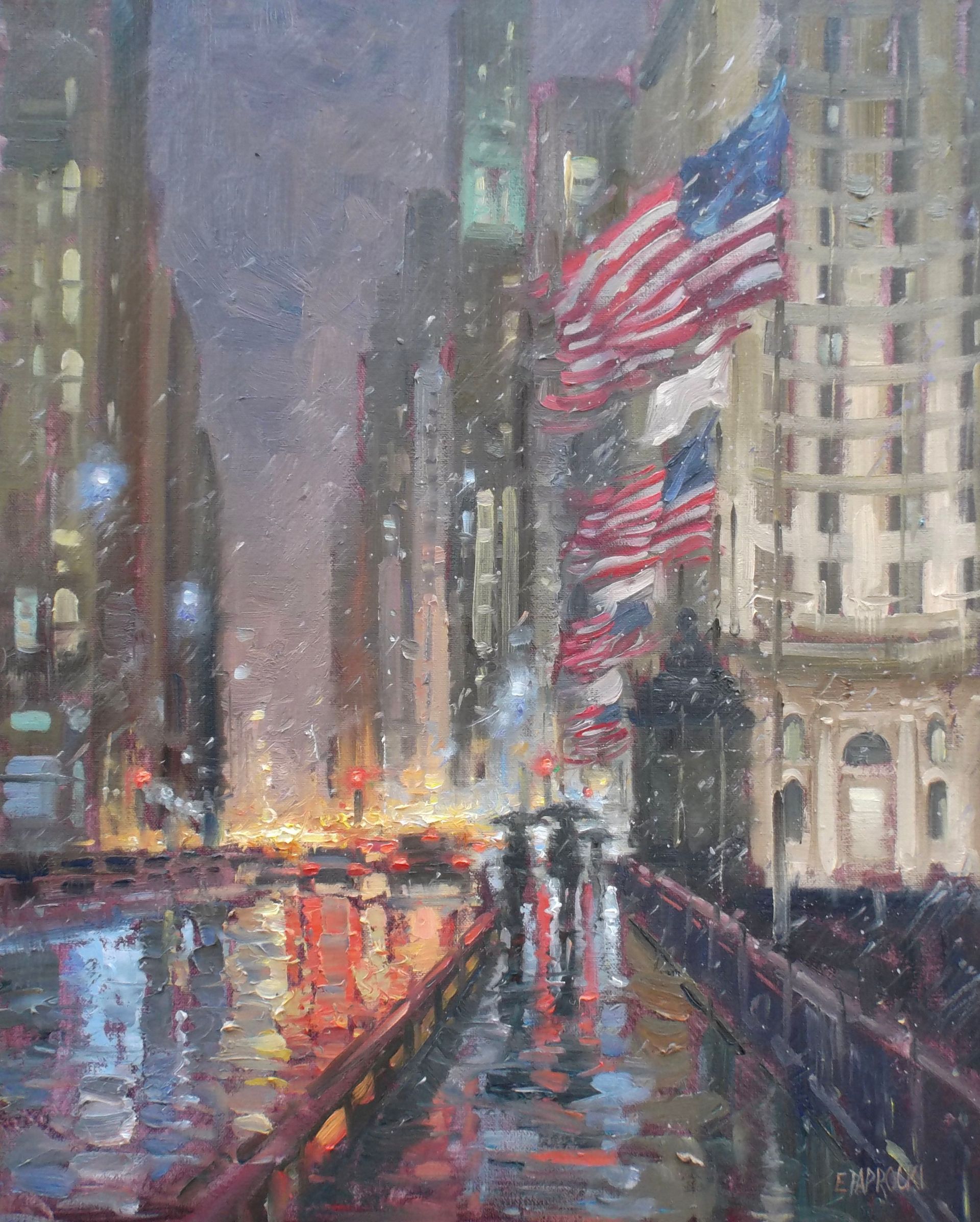 A painting of a city street with american flags in the background