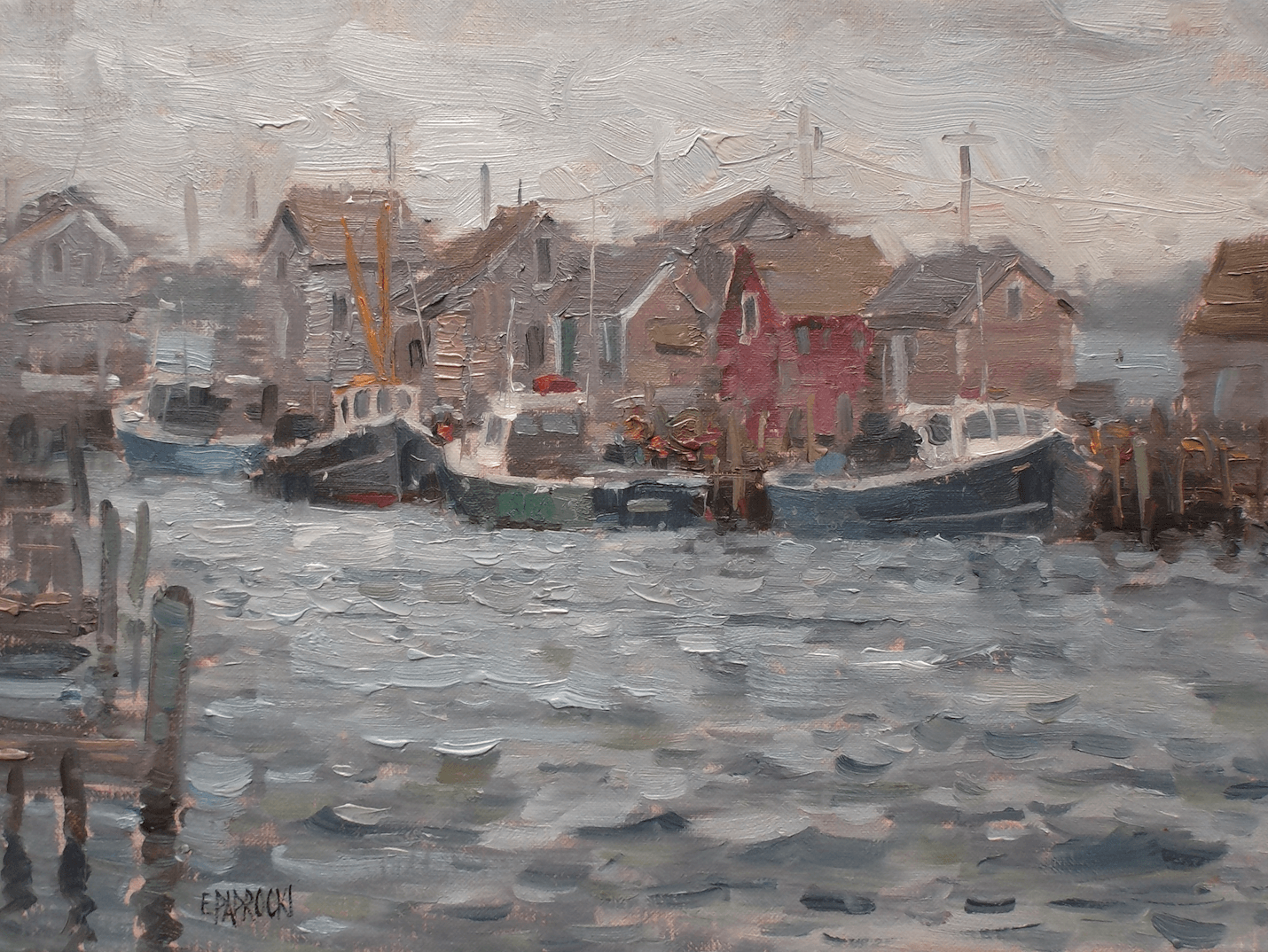 A painting of a harbor with boats and houses in the water.