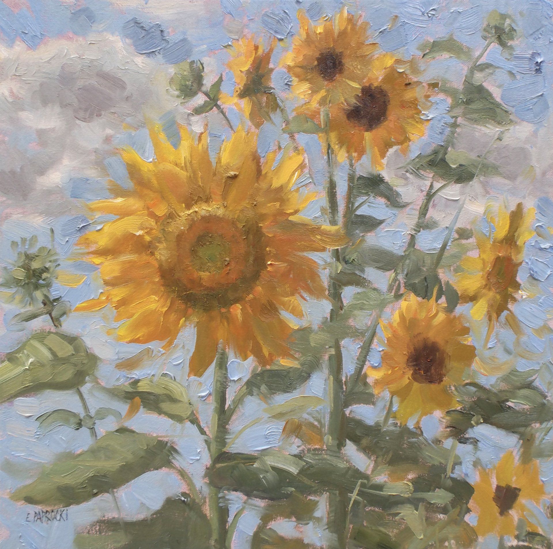 A painting of sunflowers with a blue sky in the background