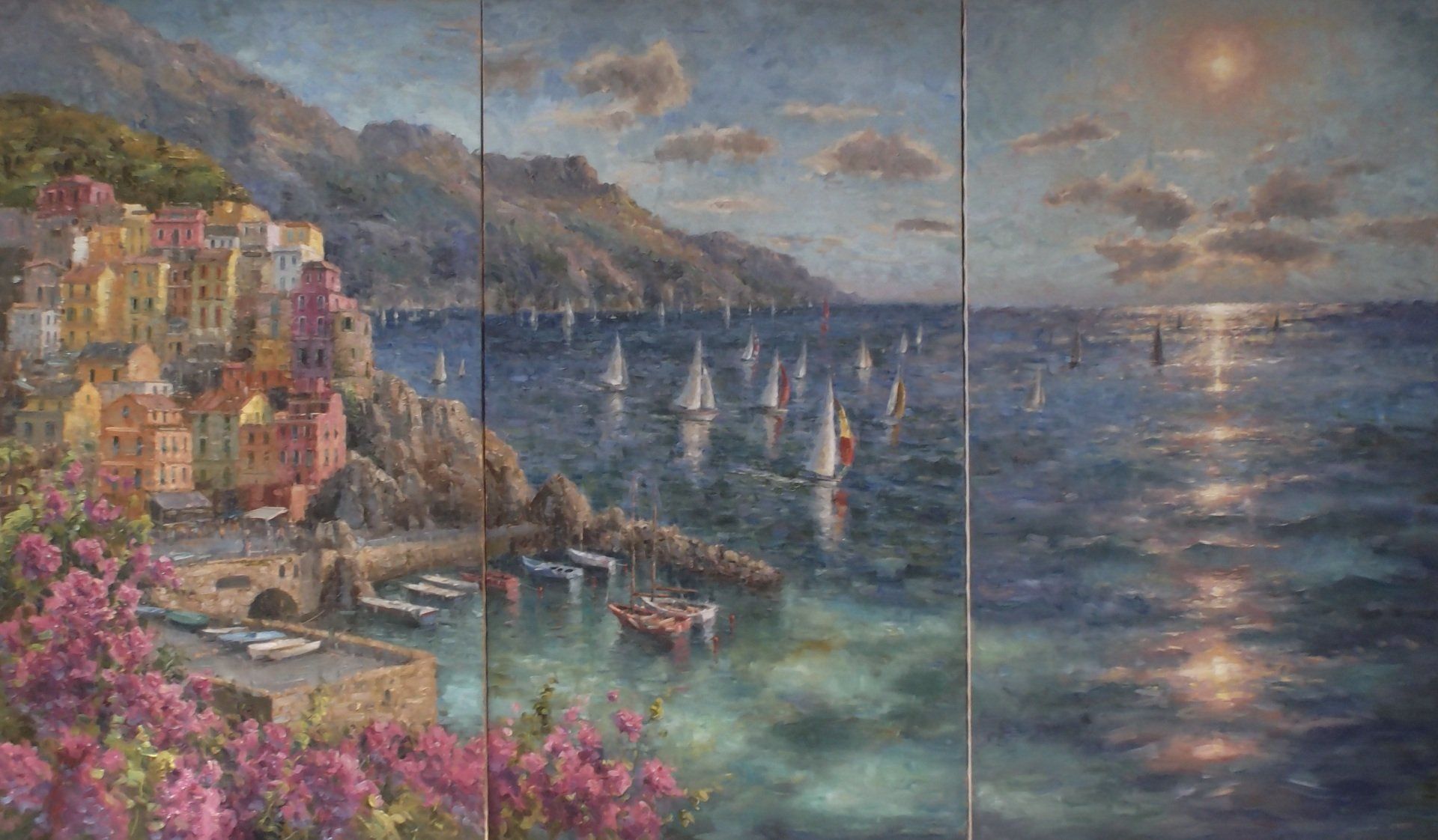 A painting of a harbor with boats and a mountain in the background.