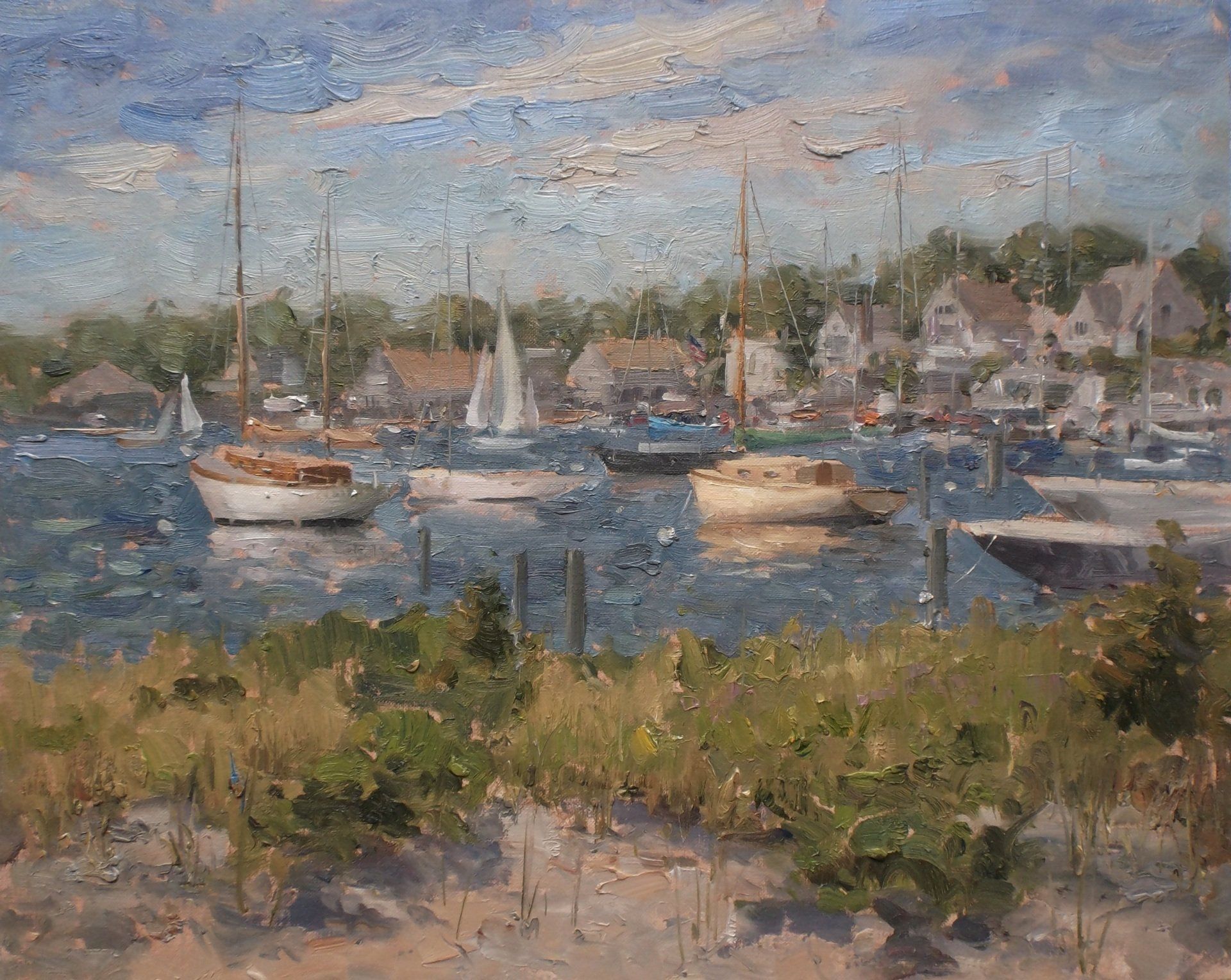 A painting of boats in a harbor with houses in the background.