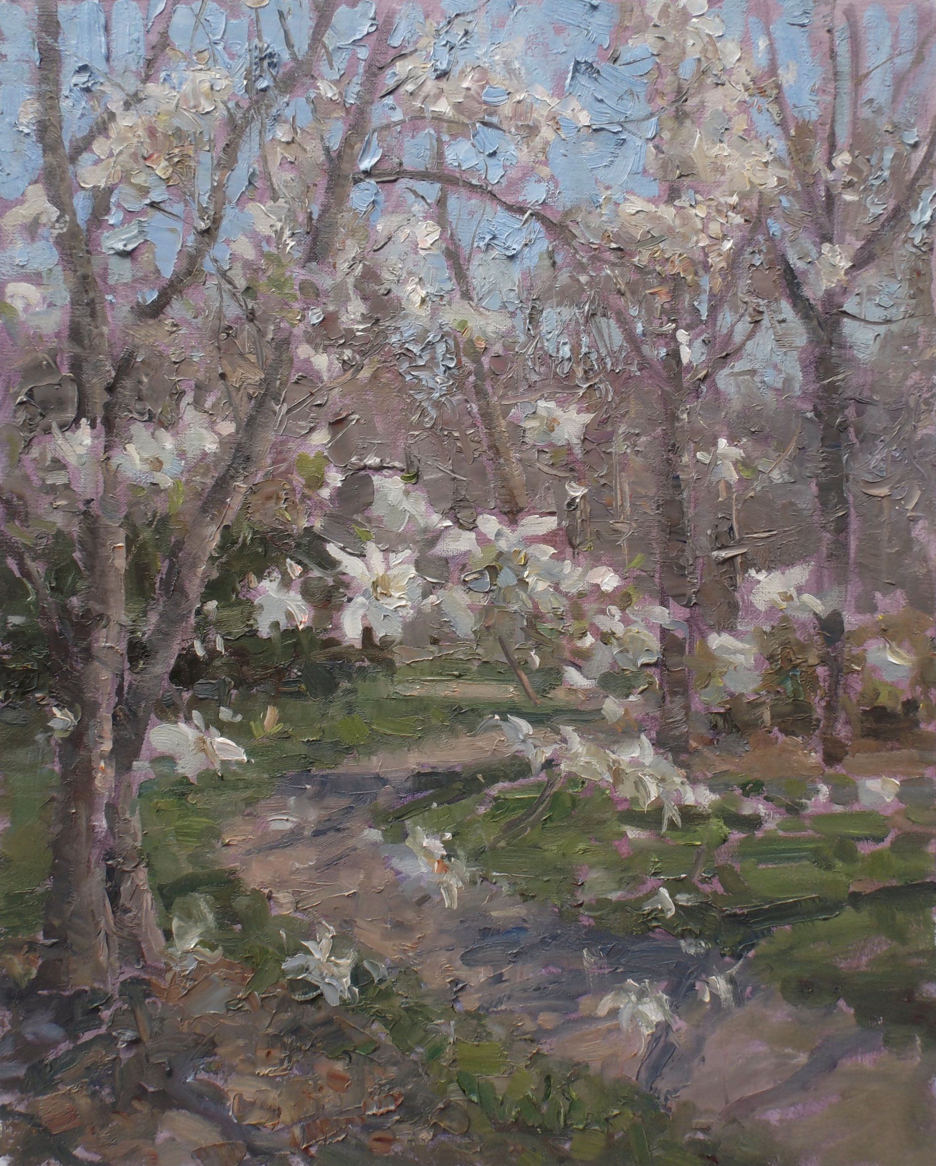 It is a painting of a forest with trees in bloom.