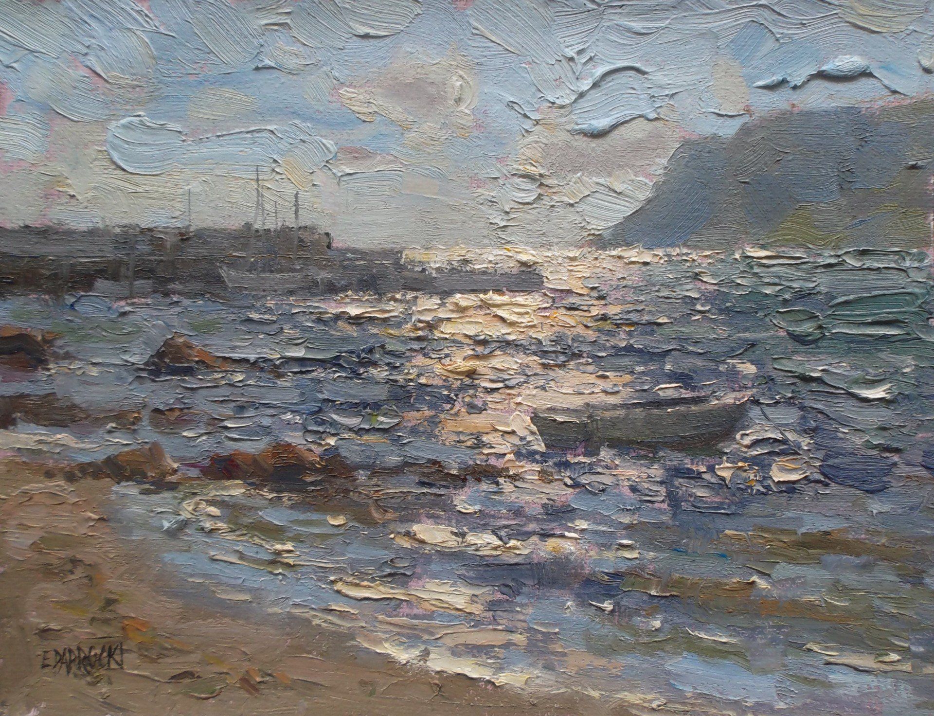 A painting of a beach with boats in the water and mountains in the background.