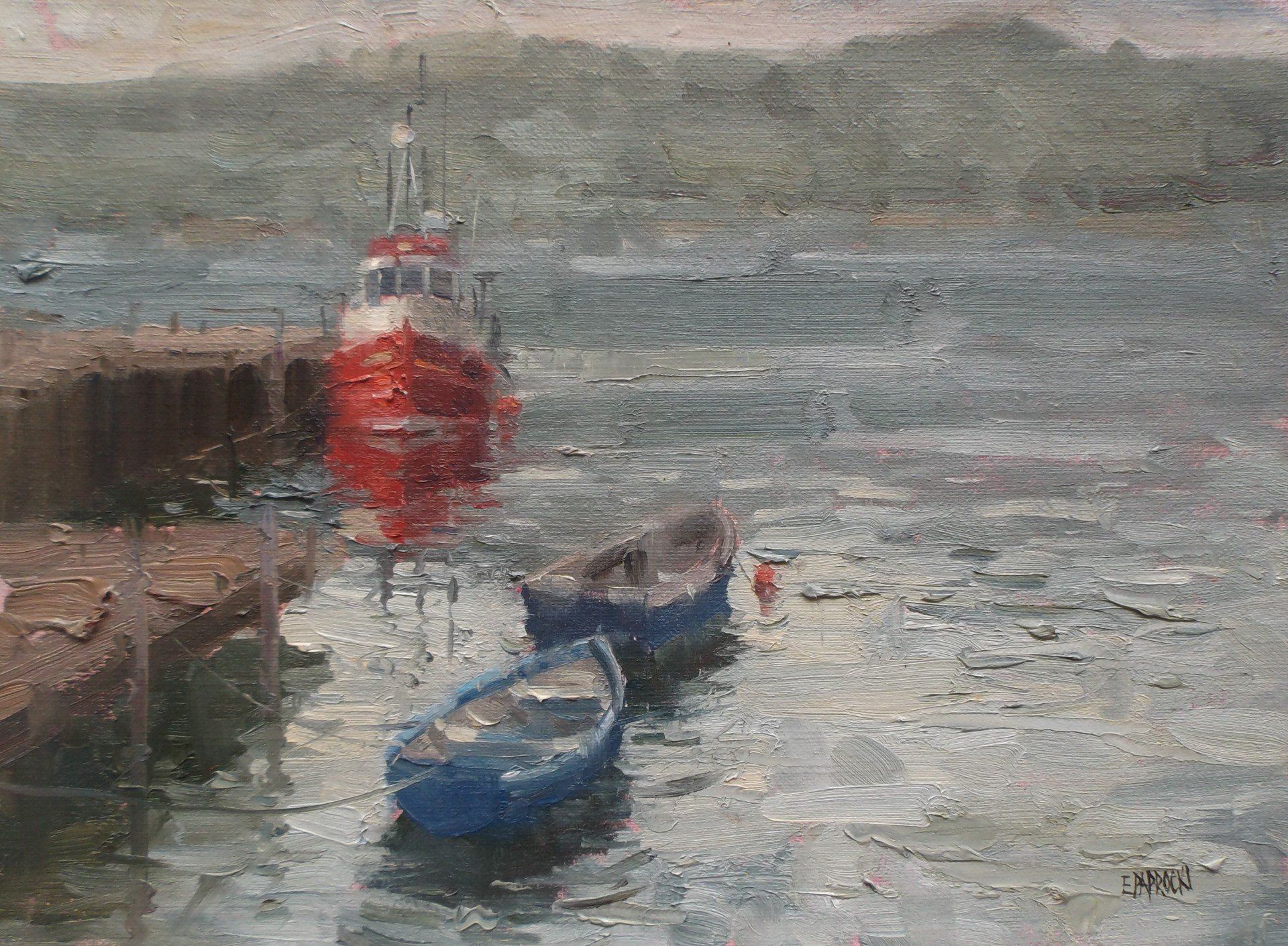 A painting of two boats in the water with a red boat in the background.