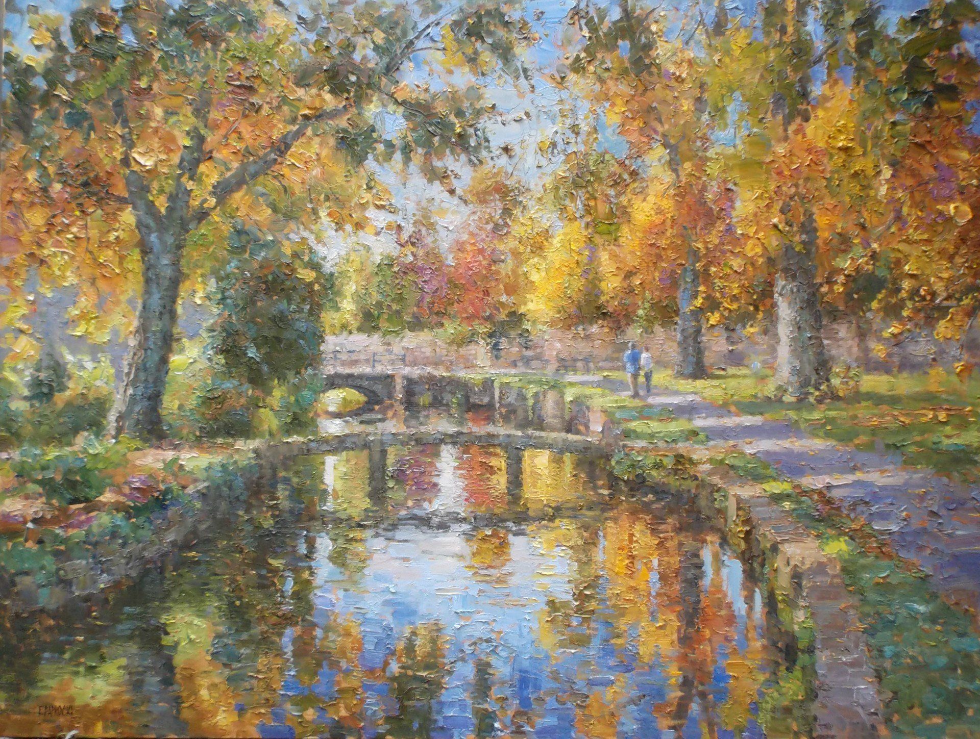 A painting of a bridge over a river in a park