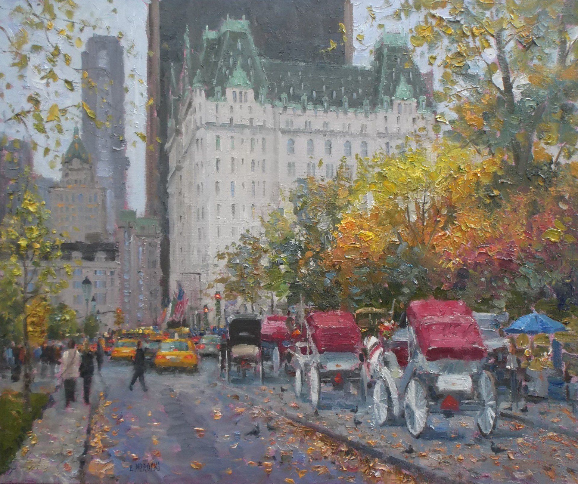 A painting of horse drawn carriages in central park