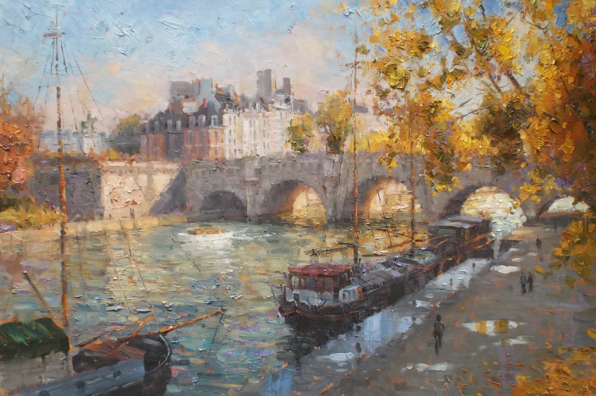 A painting of a bridge over a river with boats in the water.