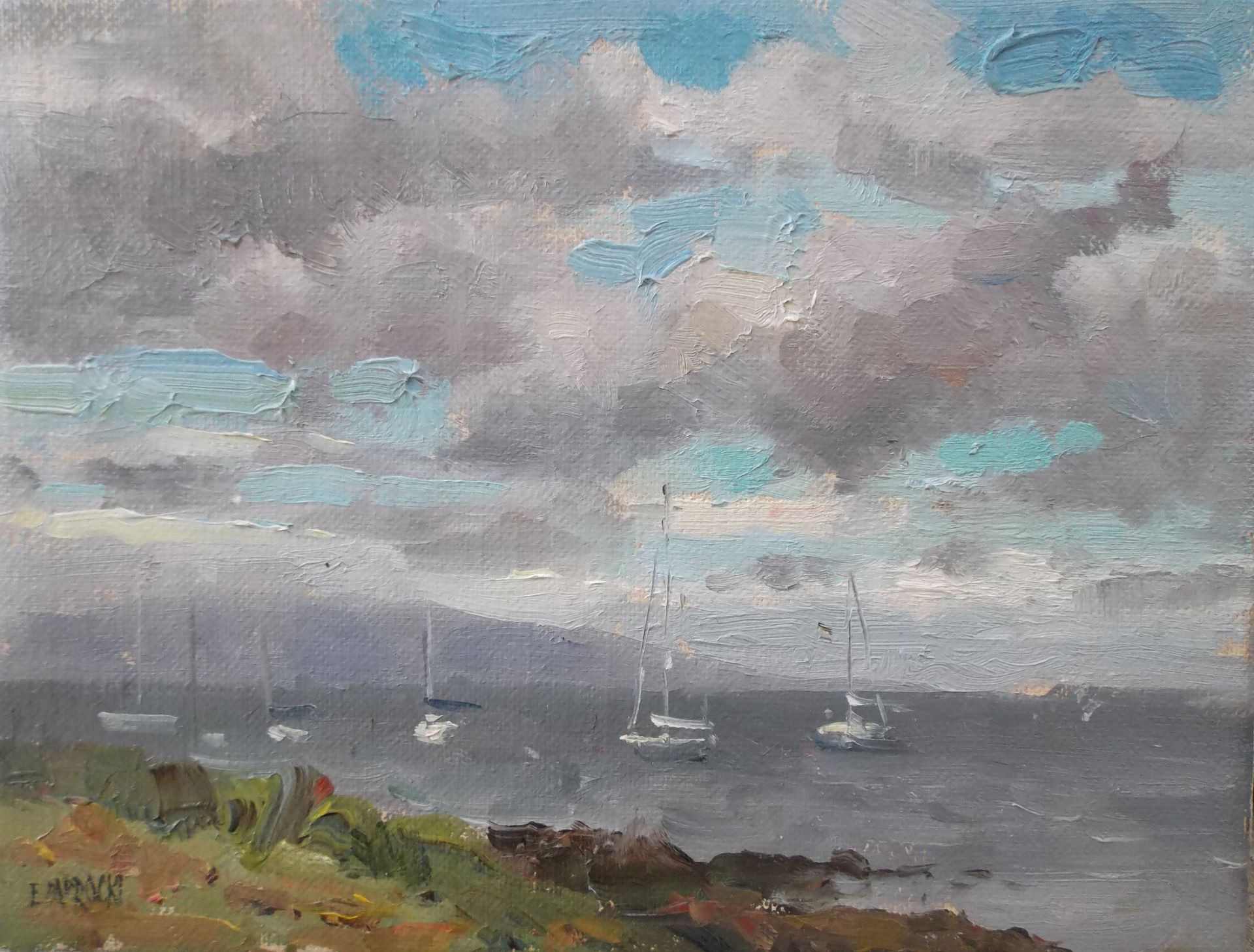 A painting of boats in the ocean under a cloudy sky.