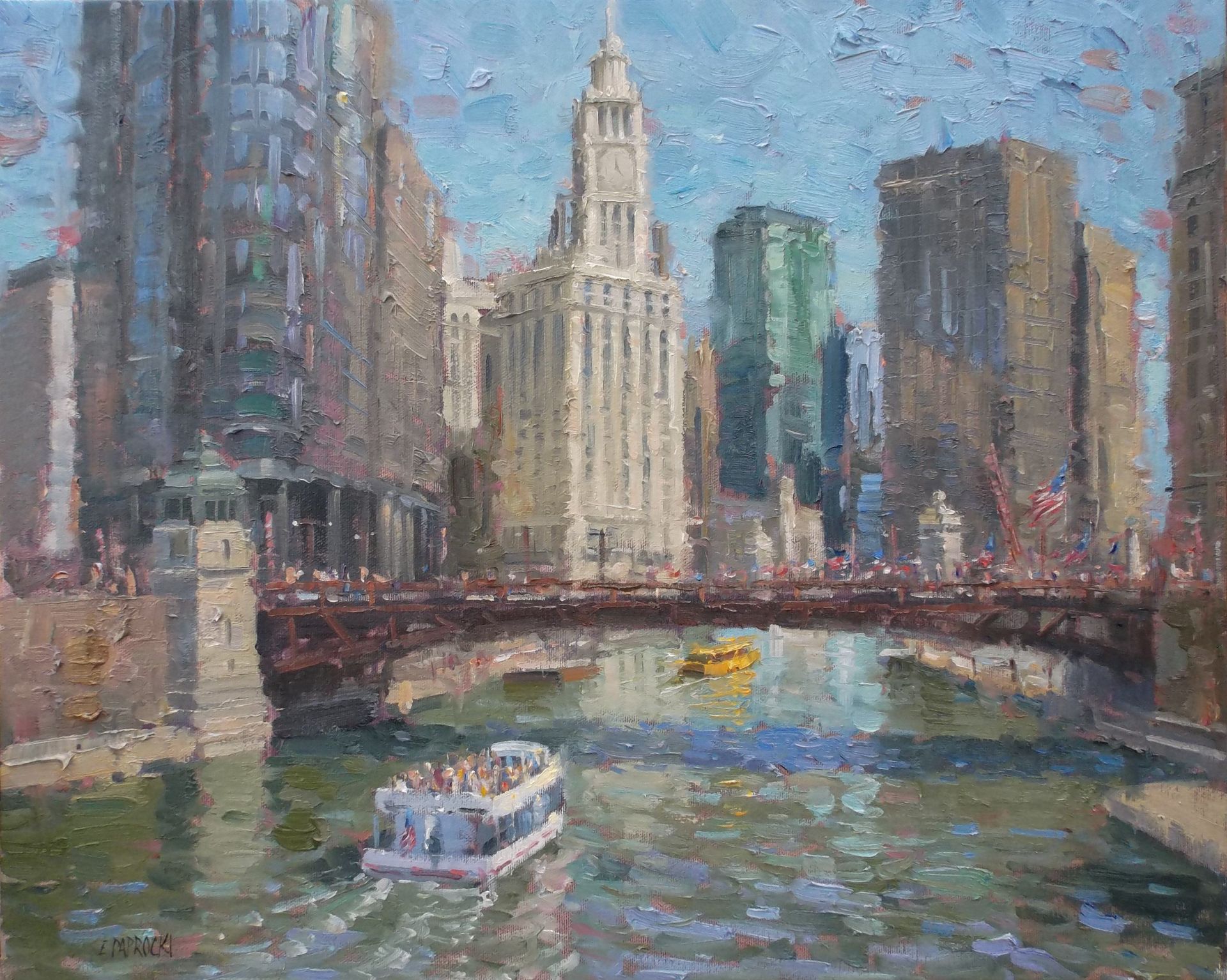 A painting of a boat on a river with a bridge in the background.