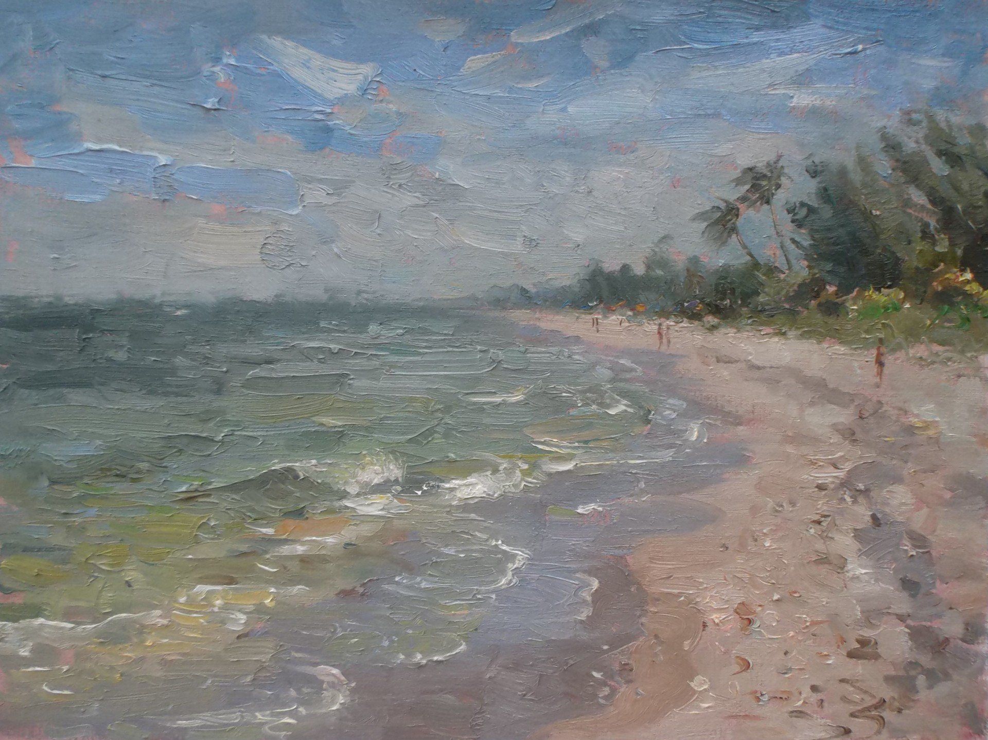 A painting of a beach with palm trees and people walking on it.