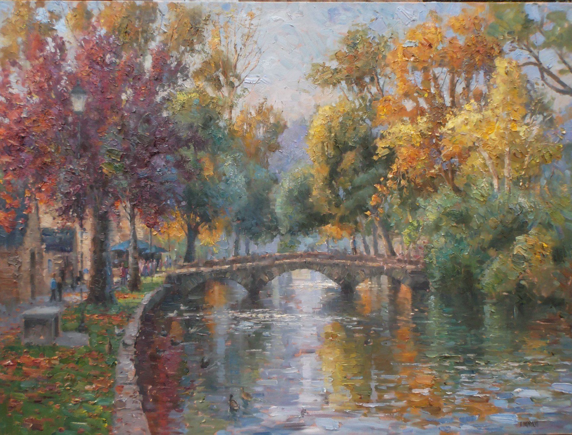 A painting of a bridge over a river in a park