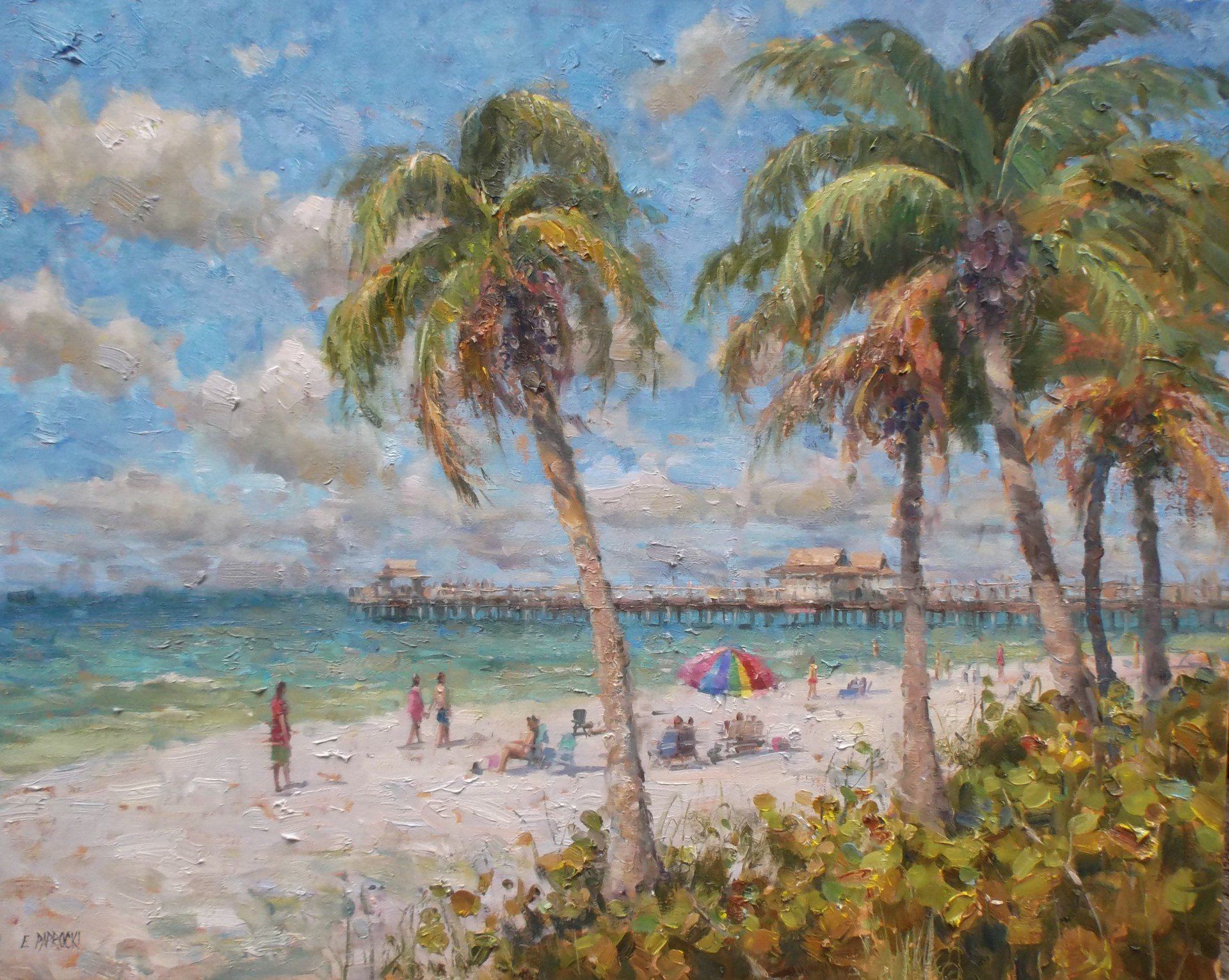 A painting of a beach with palm trees and people.