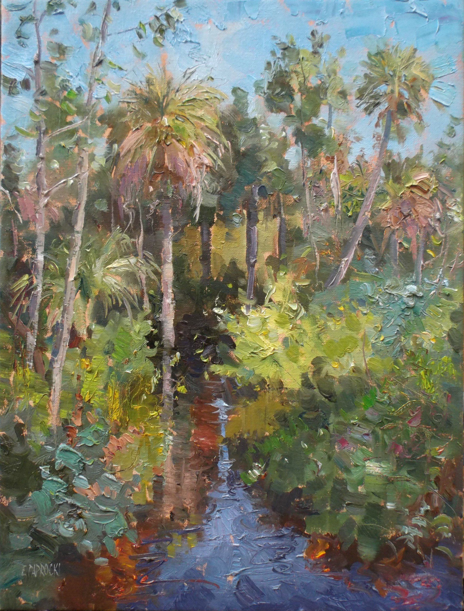It is a painting of a river surrounded by palm trees.
