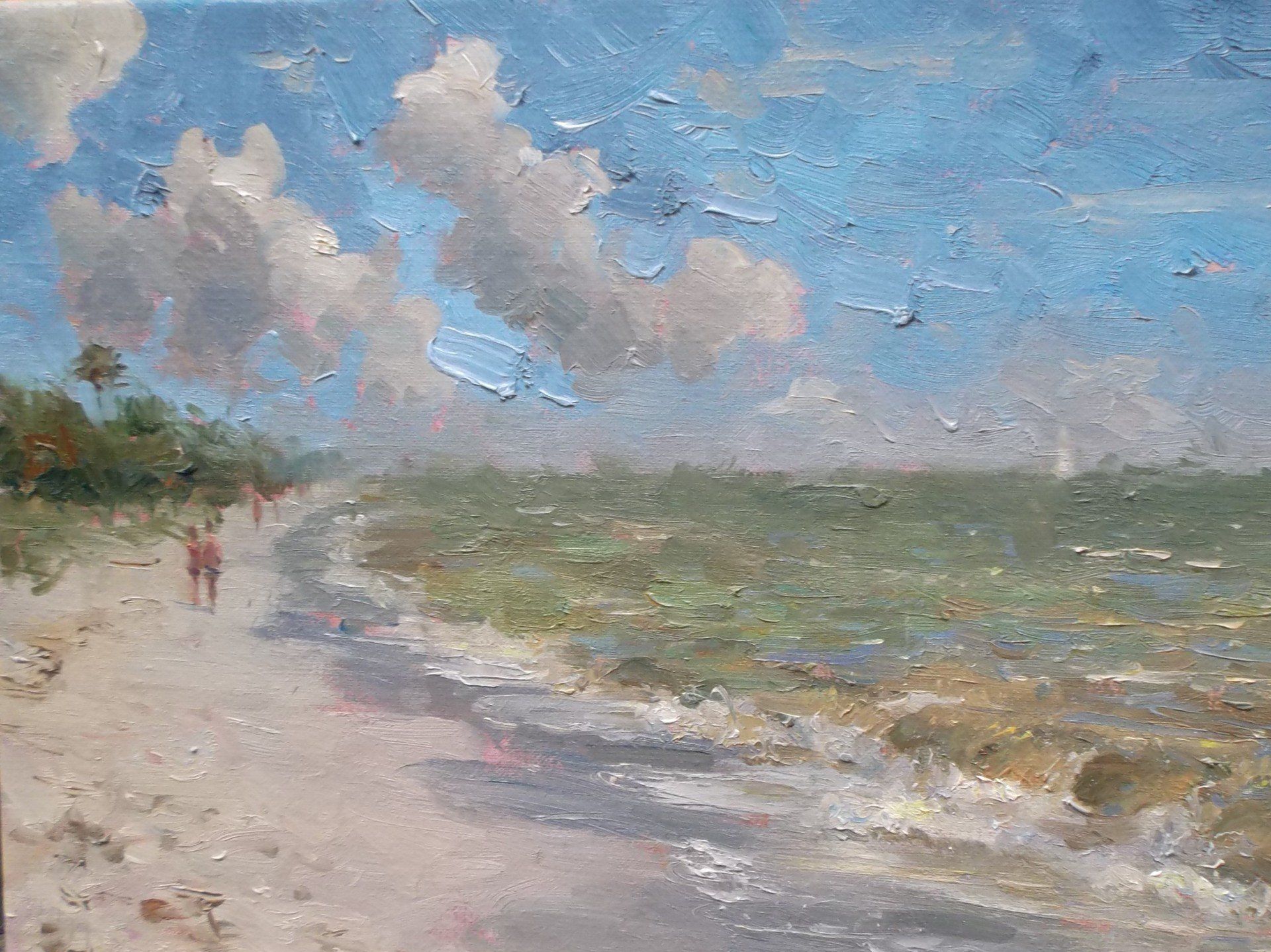 It is a painting of a beach with people walking on it.