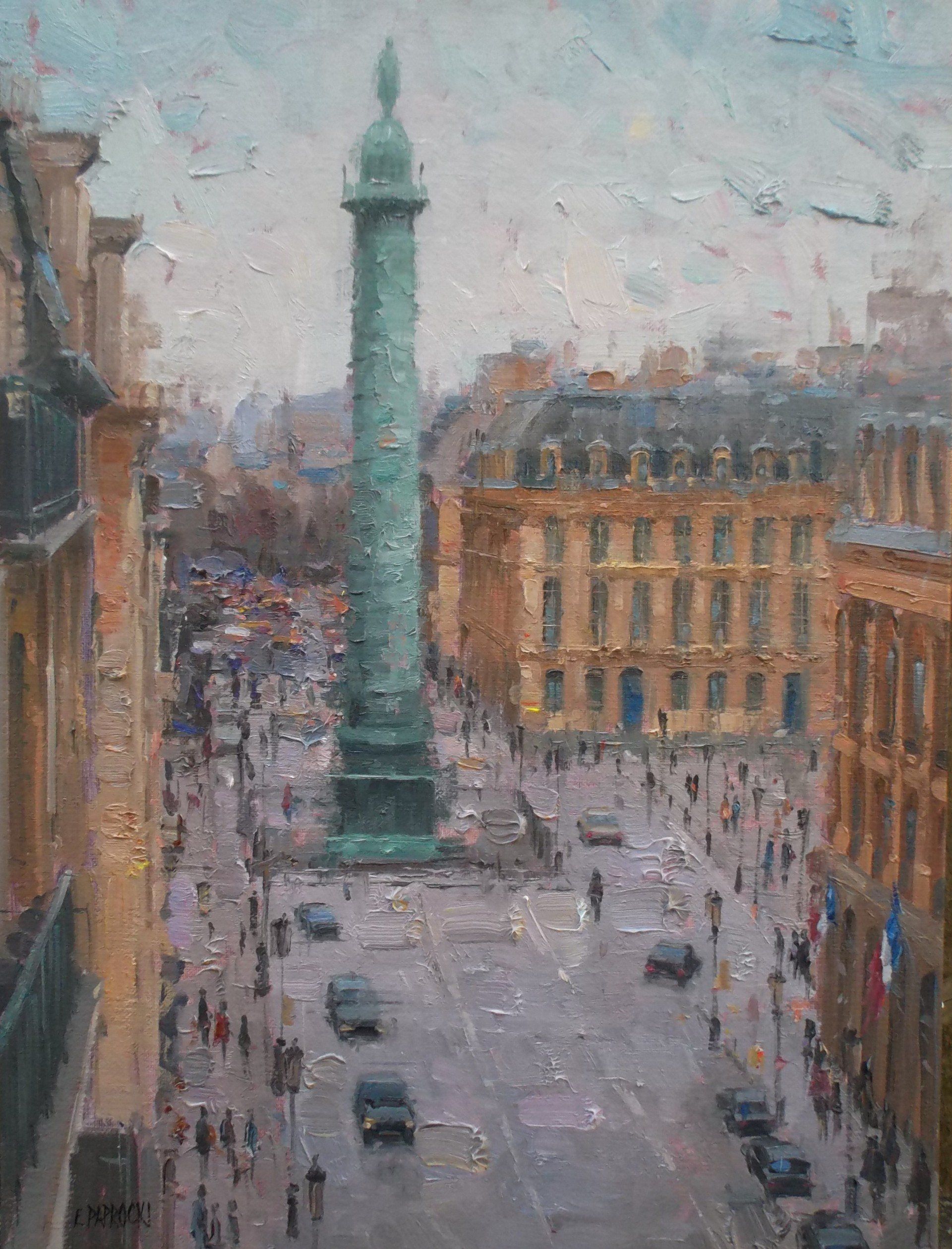 A painting of a city street with a statue in the middle of it.